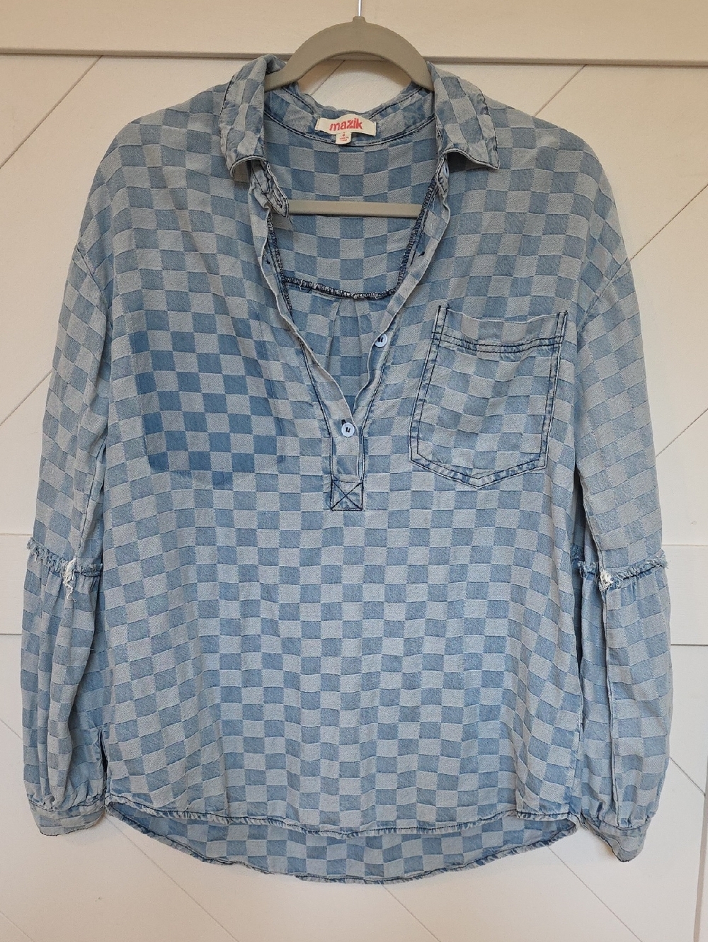 Mazik Light Blue Denim Checkered Henley Blouse